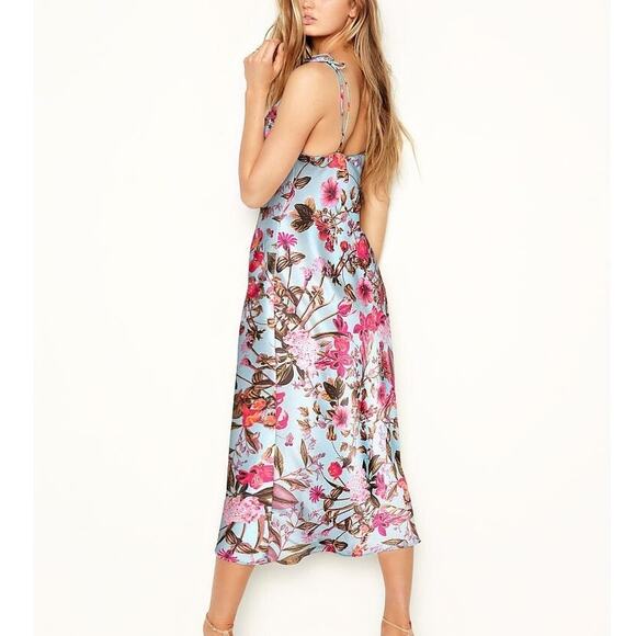 Victoria's Secret NWT Blue Floral Satin Tie Strap Midi Slip Dress Nightgown - Picture 2 of 12